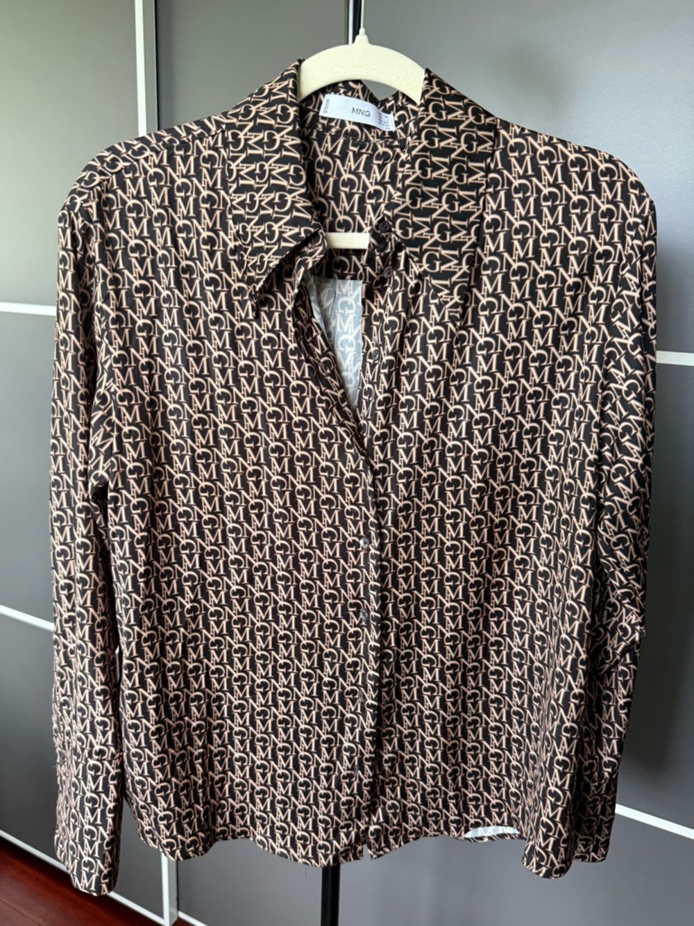 Mango Logo-Print Button-Up Shirt in Brown & Cream